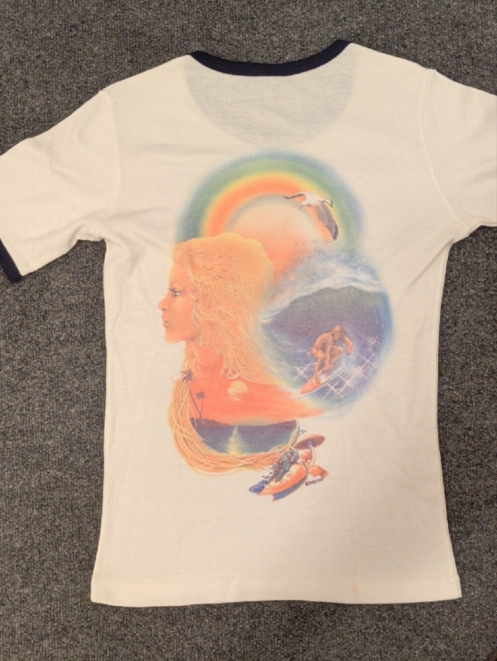 1979 Vintage Cream Ringer Hawaii Tee w Sunset & Shoreline Graphic Soft T Shirt - Picture 2 of 7